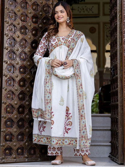 Floral Printed Empire Pure Cotton A-Line Kurta With Trousers & Dupatta