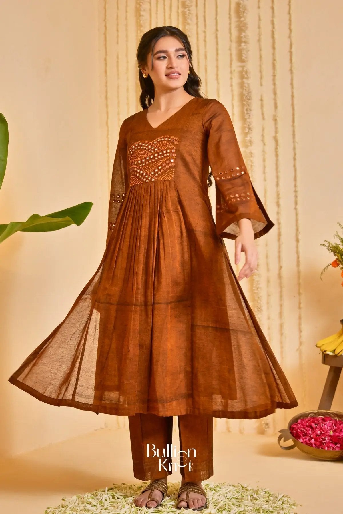 Dhiyona BN Taana Bana Handloom Brown A-line Kurta Set