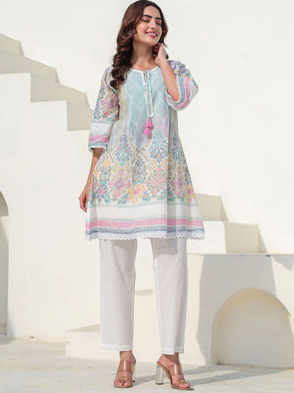 Floral Printed Notch Neck A Line Pure Cotton Kurta With Trousers