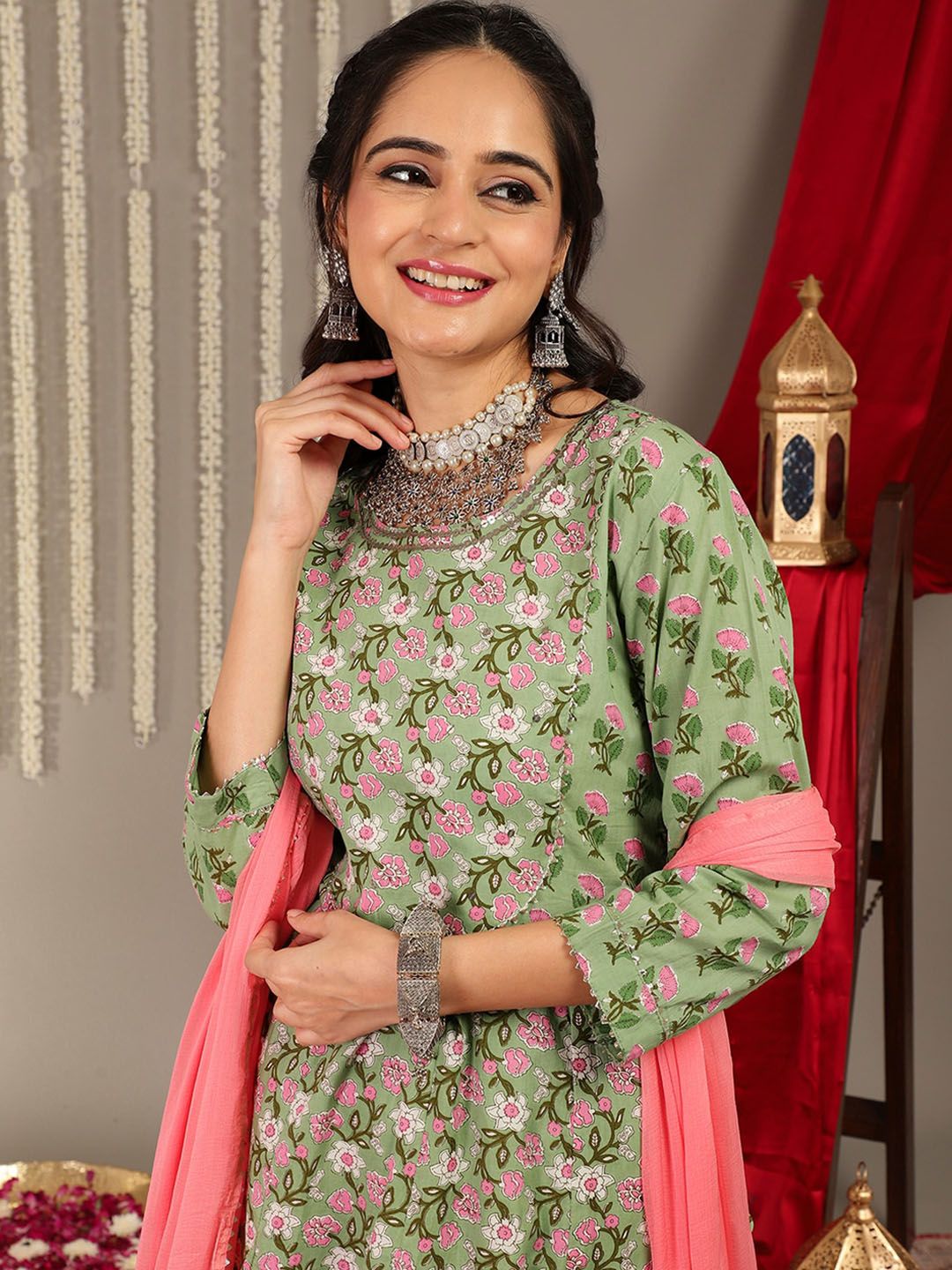 Dhiyona VA Women'sEthnic Motifs Printed Pure Cotton Regular Kurta with Trousers & With Dupatta