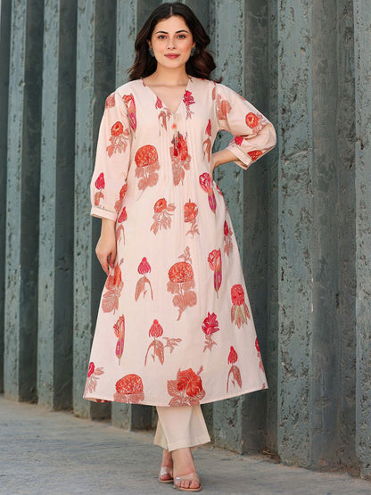 Floral Printed V-Neck Pure Cotton Kurta With Trousers