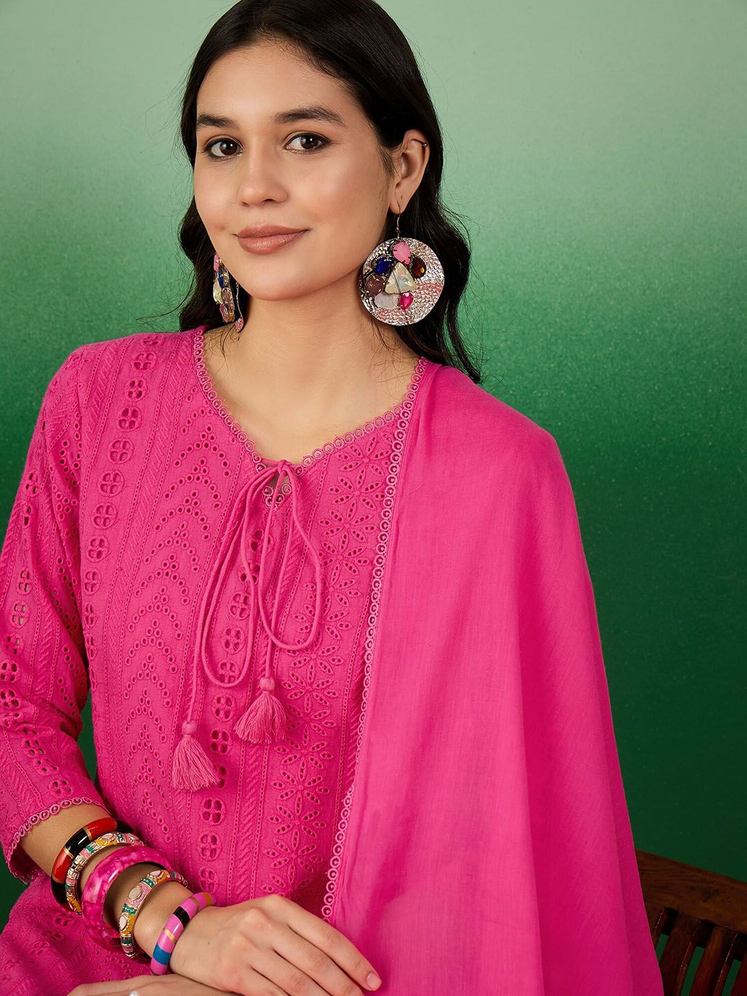 Dhiyona SN Women's Self Design Schiffli Tie-Up Neck Pure Cotton Kurta With Trousers & Dupatta