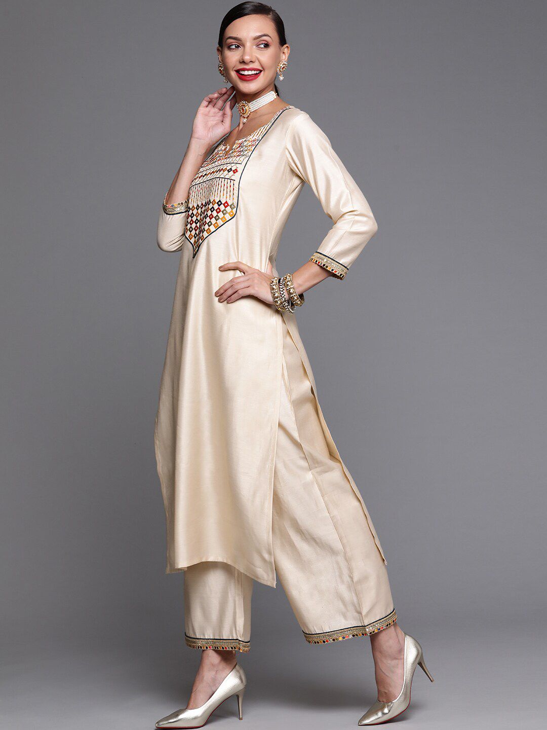 Women Embroidered Thread Work Cotton Kurta with Palazzos & Dupatta