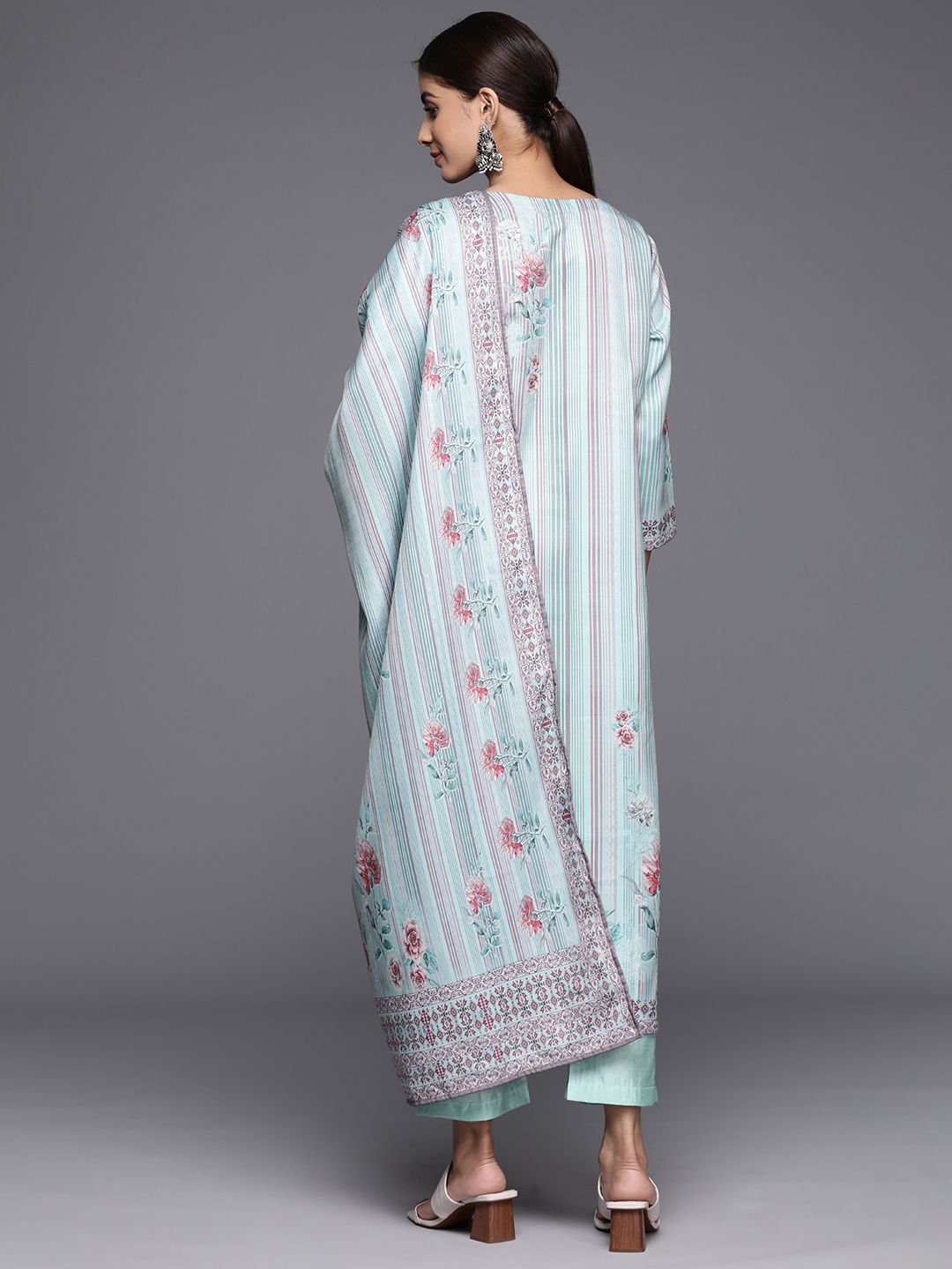 Dhiyona VA Women'sBlue Floral Printed & Striped Round Neck Straight Kurta with Trousers & Dupatta