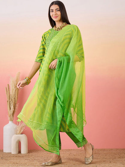 Dhiyona SN Women's Green Bandhani Printed Sequinned Anarkali Kurta With Trouser & Dupatta