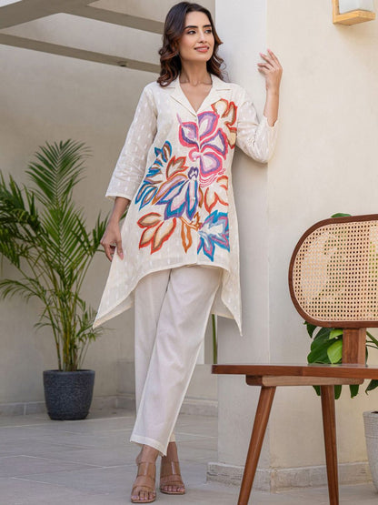 Dhiyona IE Floral Printed Shirt Collar A-Line Pure Cotton Kurta With Trousers
