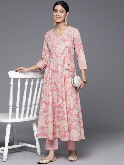 Dhiyona VA Women'sFloral Printed Angrakha Gotta Patti Pure Cotton Kurta With Trousers
