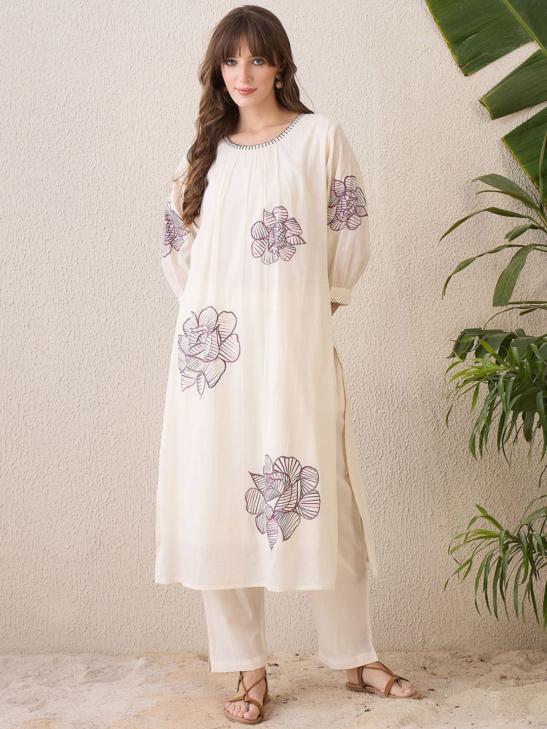 Floral Printed Pleated Round Neck Pure Cotton A-Line Kurta With Trousers