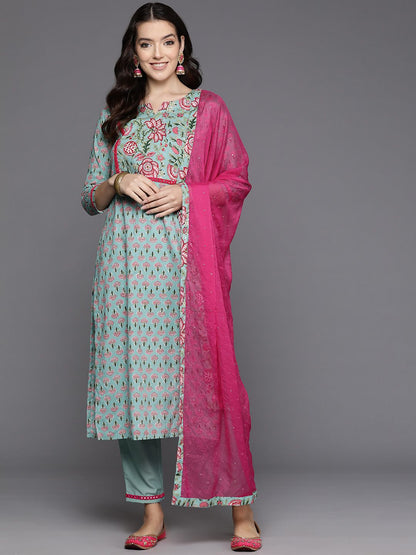Dhiyona IE Women Floral Printed Mirror Work Pure Cotton Kurta with Trousers & With Dupatta