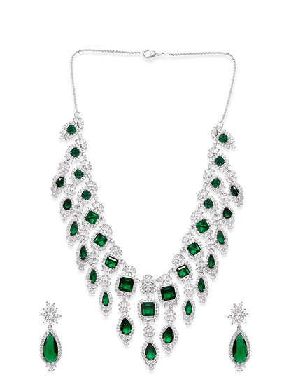 Dhiyona RJ Women's Premium Rhodium Plated AAA Cubic Zirconia & Emerald Studded Necklace Set