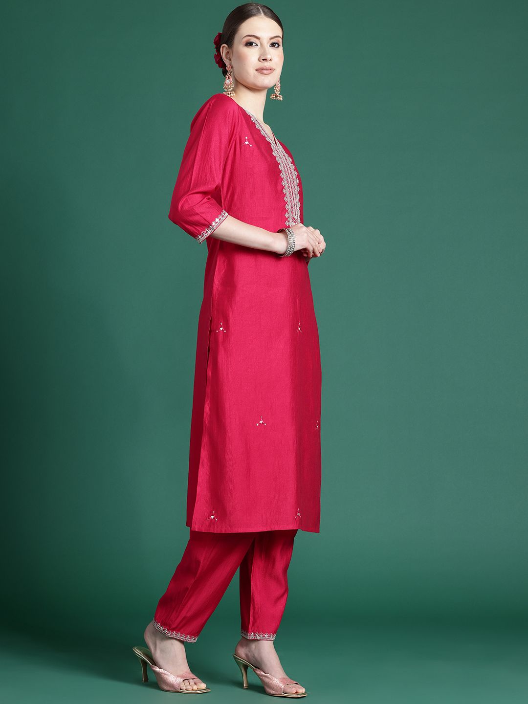 Ethnic Motifs Yoke Design Zari Liva Kurta With Trousers & Dupatta