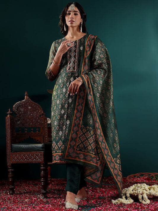 Dhiyona VA Women's Ethnic Motifs Embroidered Regular Chanderi Silk Kurta with Trousers & With Dupatta