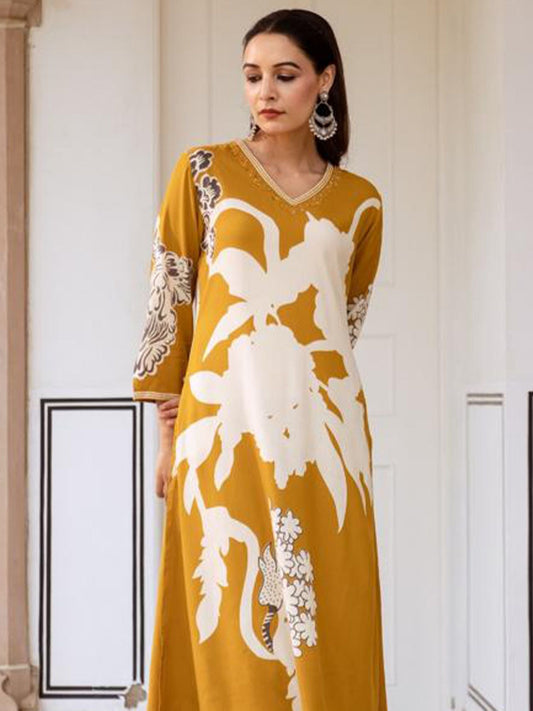 Dhiyona IE Floral Printed V-Neck A-Line Kurta With Salwar
