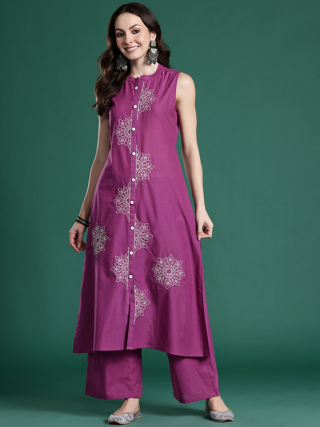 Floral Embroidered Thread Work Pure Cotton Kurta with Palazzos