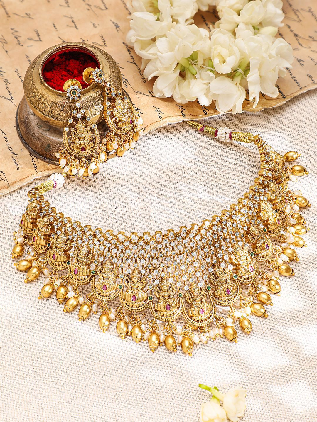 Dhiyona RJ Women's 22K Gold-Plated Pink Green & Cubic Zirconia Divine Lakshmi Temple Choker Set