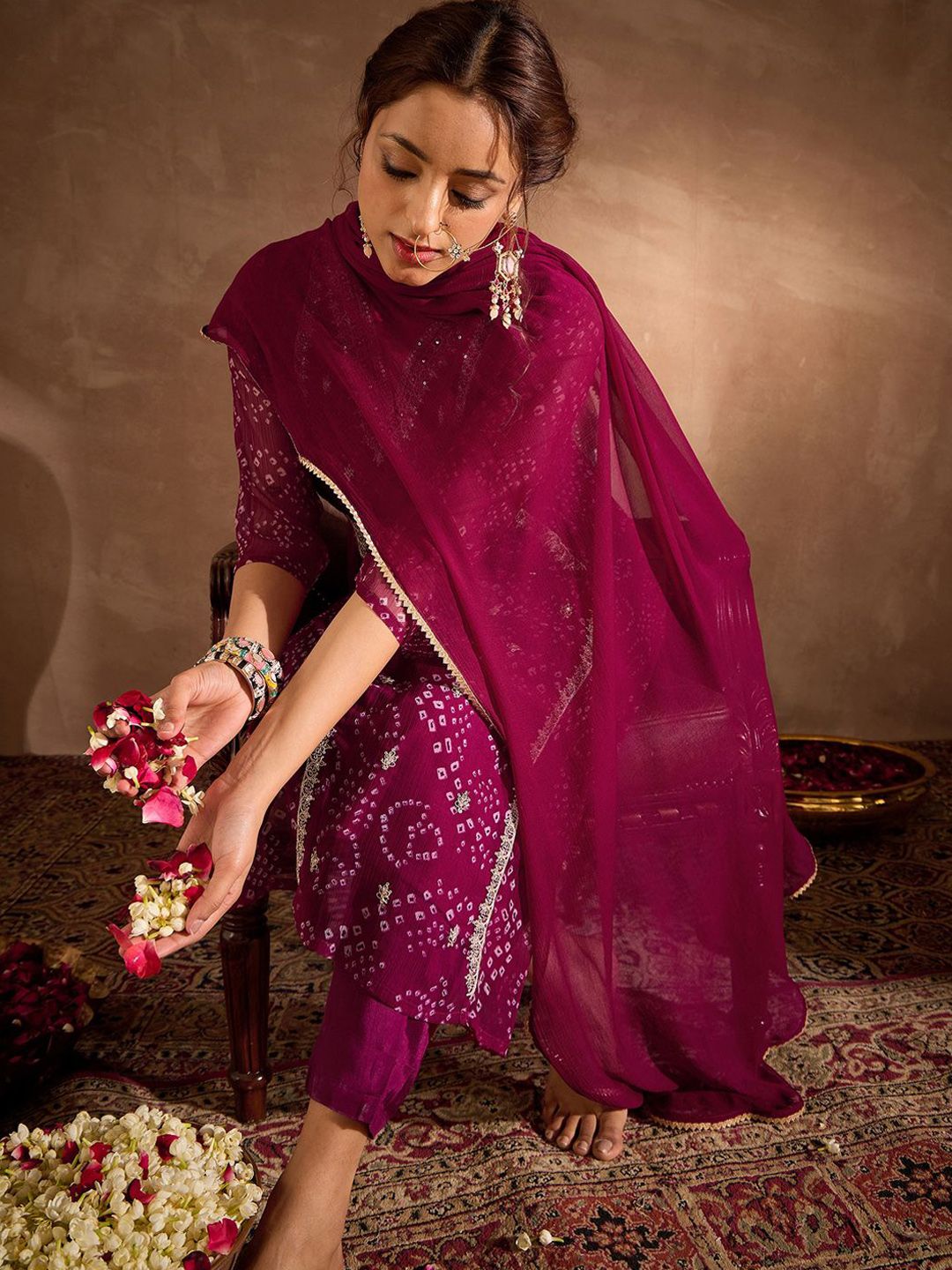 Bandhani Printed V-Neck Zari Silk Chiffon Straight Kurta With Trousers & Dupatta