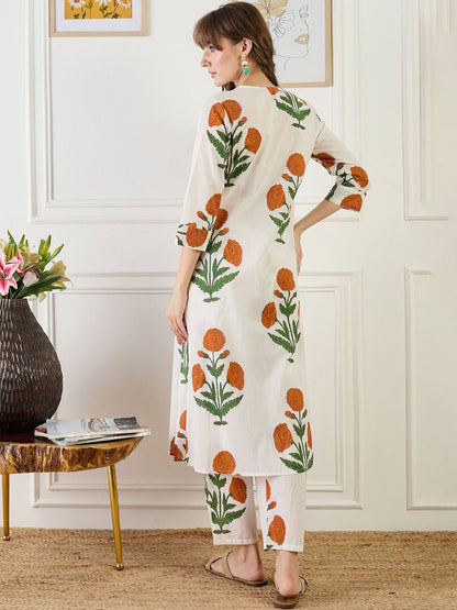 Floral Printed A-Line Pure Cotton Kurta With Trouser