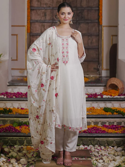 Women Floral Embroidered Regular Thread Work Kurta with Trousers & With Dupatta