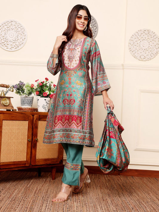 Dhiyona VA Women'sEthnic Motifs Printed Chanderi Silk Tunic With Trousers