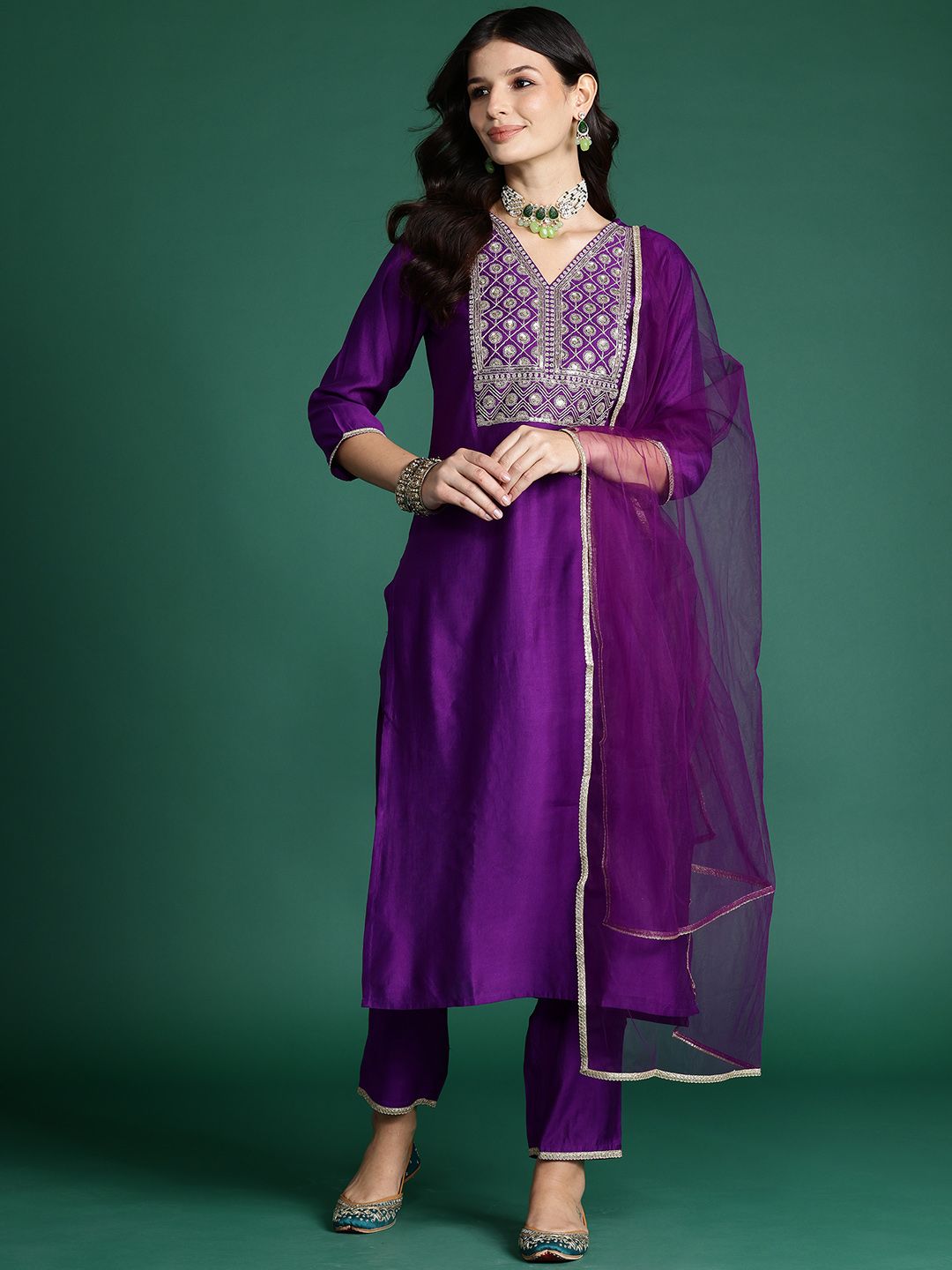 Floral Sequinned Liva Kurta with Trousers & With Dupatta