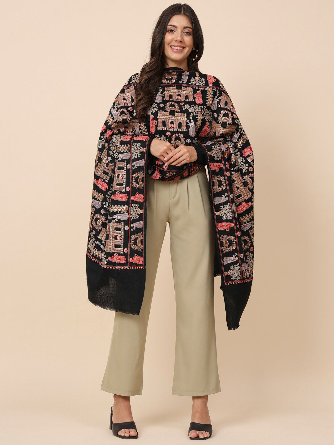 Dhiyona PA Ethnic Motifs Embroidered Pure Wool Shawl