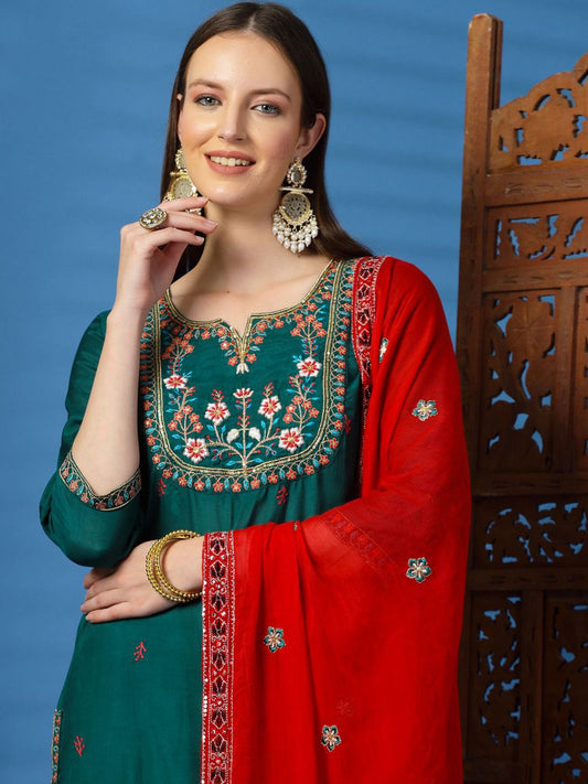 Dhiyona SN Women's Floral Embroidered Sequinned Straight Kurta with Trouser & Dupatta