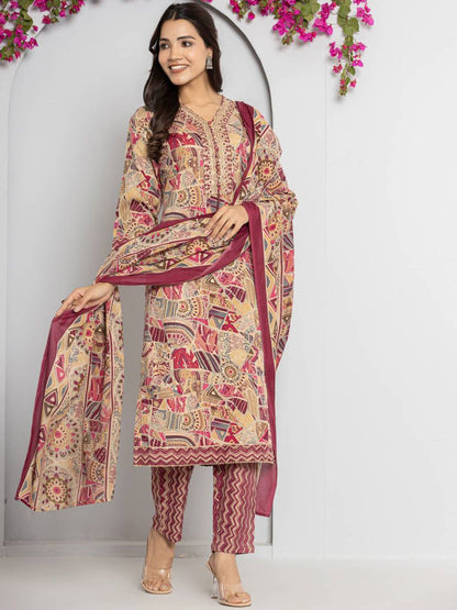 Dhiyona VA Women's Abstract Printed Neck Embroidered Regular Kurta with Trouser & Dupatta