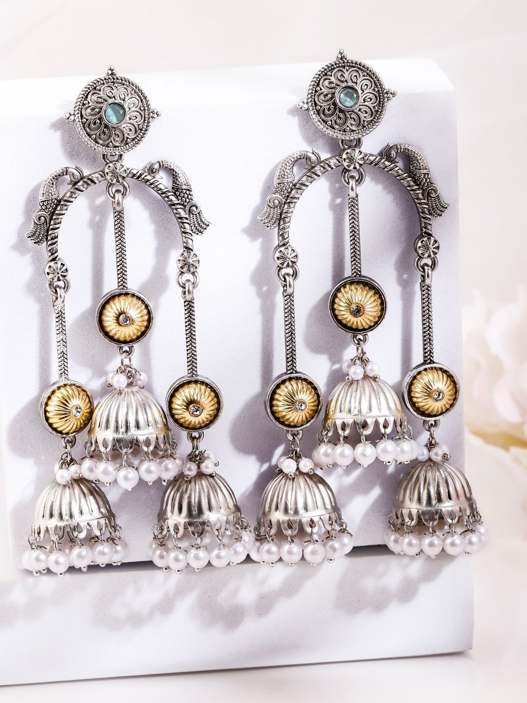 Dhiyona RJ Women's Silver Plated Pearls Beaded Floral Triple Layer Long Oxidised Jhumkas