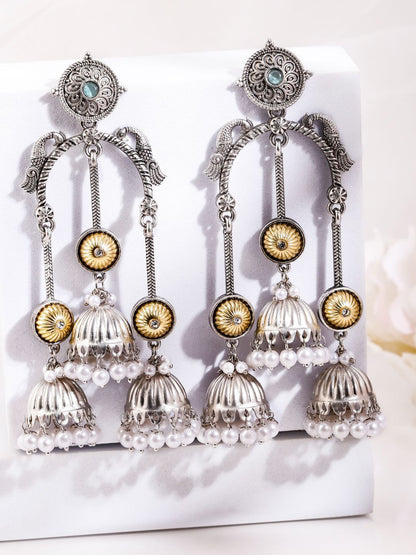 Dhiyona RJ Women's Silver Plated Pearls Beaded Floral Triple Layer Long Oxidised Jhumkas