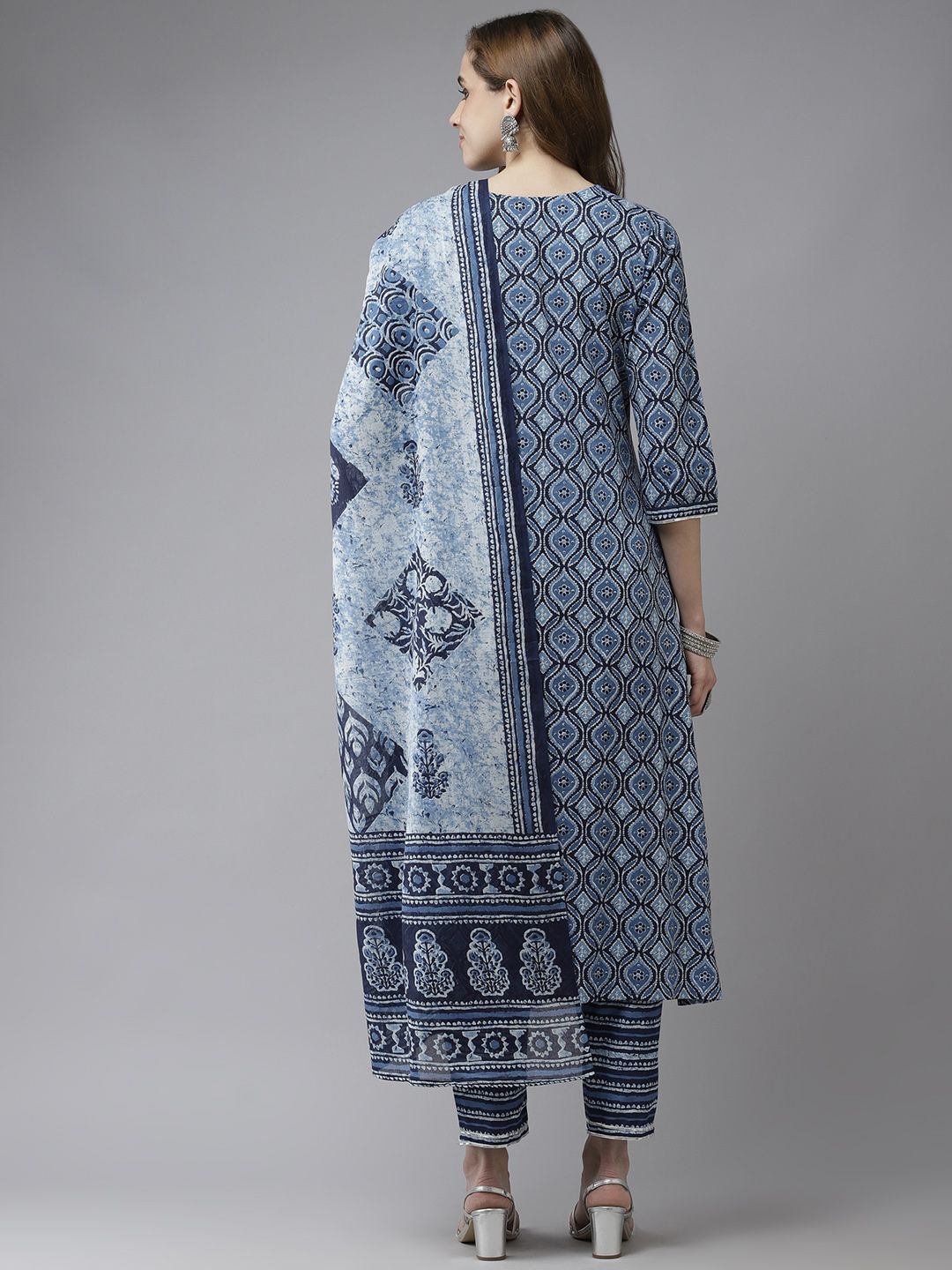 Blue & White Ethnic Print Gotta Patti A-line Kurta Trousers & Dupatta