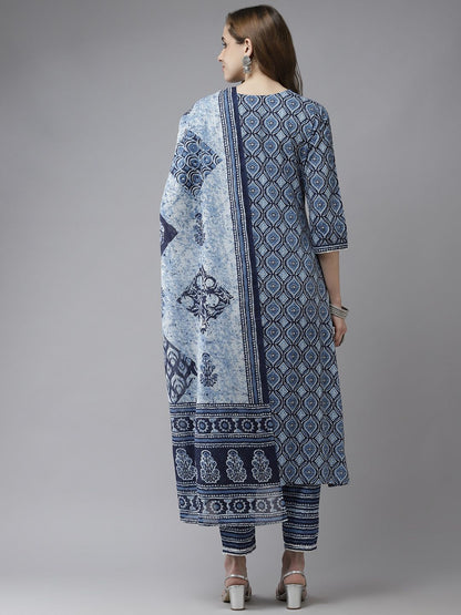 Blue & White Ethnic Print Gotta Patti A-line Kurta Trousers & Dupatta