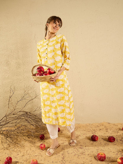 Dhiyona IE Floral Printed Round Neck Machine Weave Straight Kurta