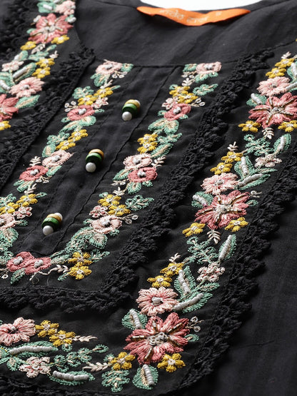 Floral Embroidered Thread Work Linen Kurta With Trousers & Dupatta