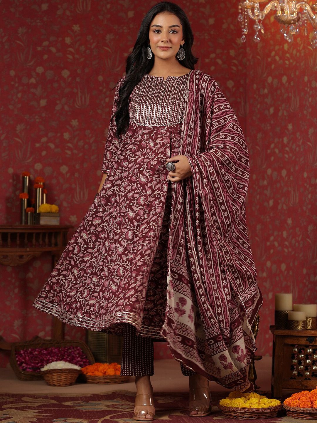 Dhiyona IS Women's Floral Printed Sequinned Pure Cotton Anarkali Kurta With Trousers & Dupatta