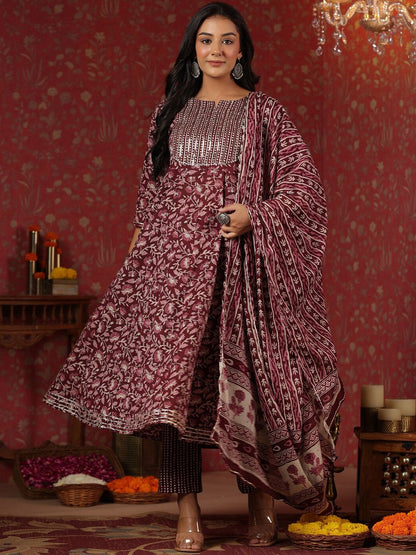 Dhiyona IS Women's Floral Printed Sequinned Pure Cotton Anarkali Kurta With Trousers & Dupatta