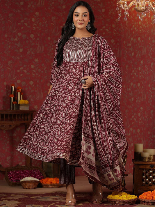 Dhiyona IS Women's Floral Printed Sequinned Pure Cotton Anarkali Kurta With Trousers & Dupatta