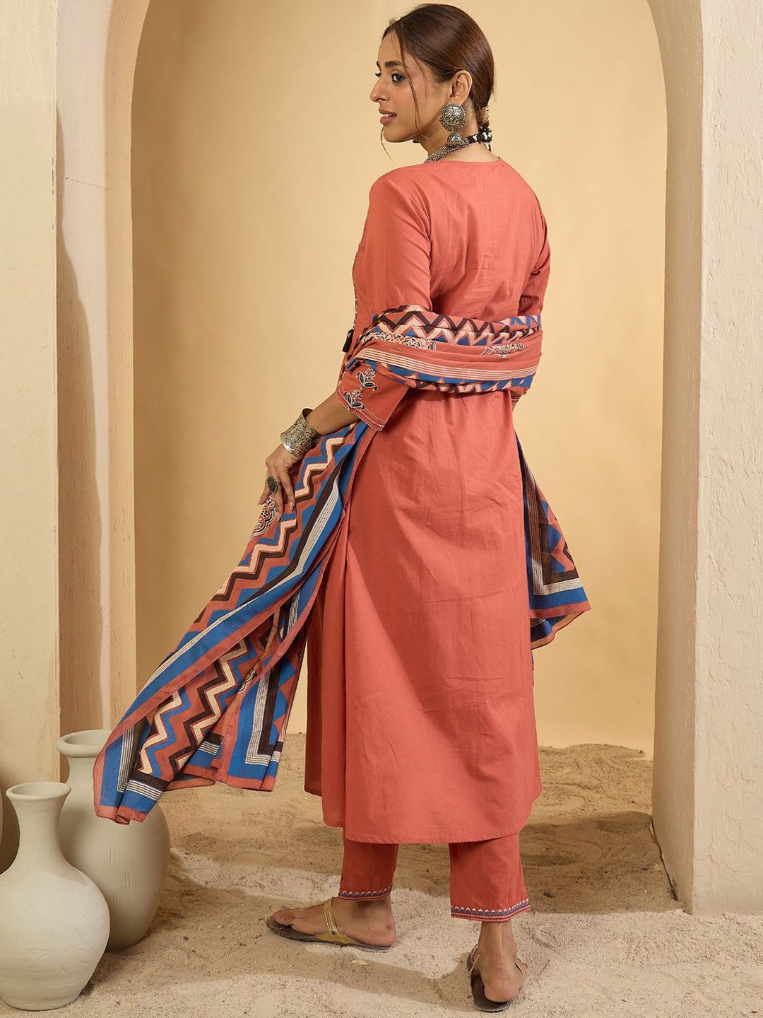 Women Floral Embroidered Regular Pure Cotton Kurta with Trousers & Dupatta