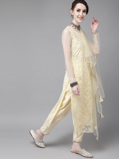 Dhiyona IE Women Yellow Ethnic Motifs Embroidered Thread Work Kurta with Trousers & Dupatta