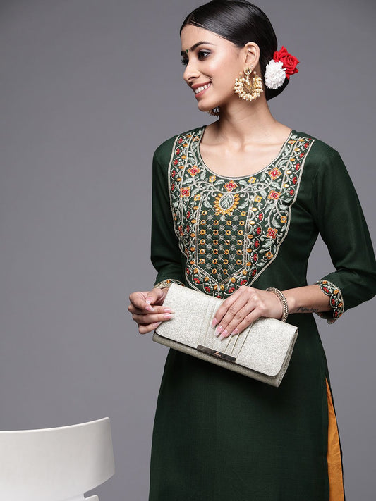 Dhiyona IE Women Green Ethnic Motifs Yoke Design Mirror Work Kurta