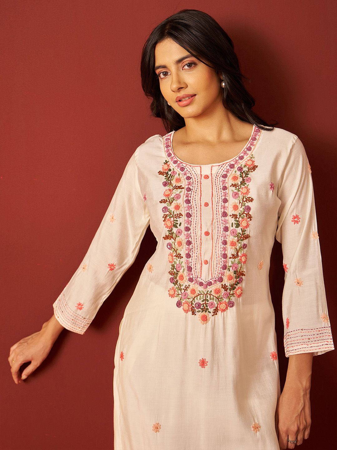 Floral Embroidered Thread Work Kurta With Trousers & Dupatta