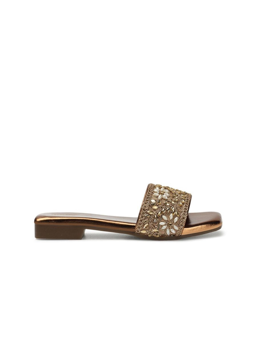 Dhiyona AK Copper-Toned Embellished Open Toe Flats