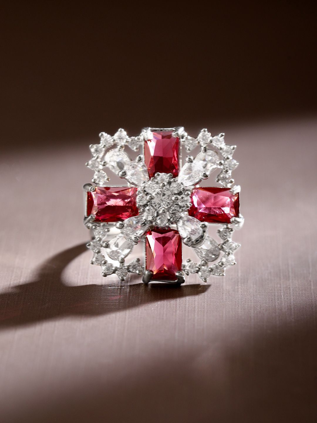 Dhiyona RJ Women's Rhodium-Plated Ruby Pink & White CubicZirconia Studded Floral Cross Adjustable Ring