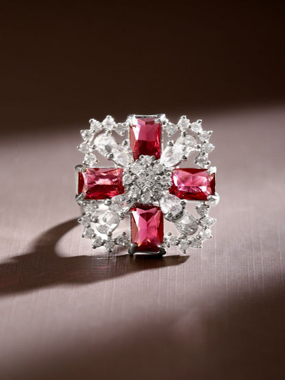 Dhiyona RJ Women's Rhodium-Plated Ruby Pink & White CubicZirconia Studded Floral Cross Adjustable Ring