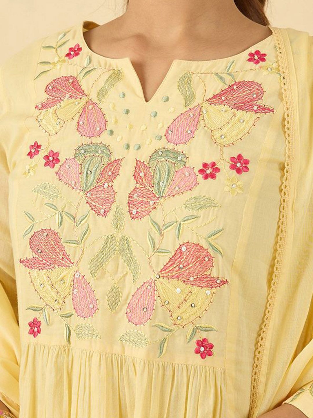 Women Floral Embroidered Cotton Kurta with Trousers & Dupatta