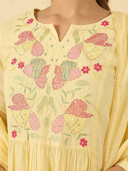 Women Floral Embroidered Cotton Kurta with Trousers & Dupatta