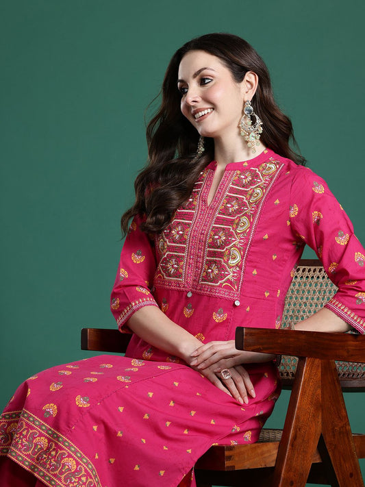 Dhiyona IE Ethnic Motifs Printed Panelled Thread Work Pure Cotton Kurta with Trousers