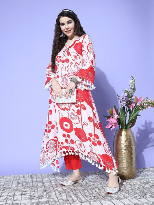 Dhiyona VA Women'sWinter Floral Printed V-Neck A-Line Woolen Kurta Set with Tesselled Hem