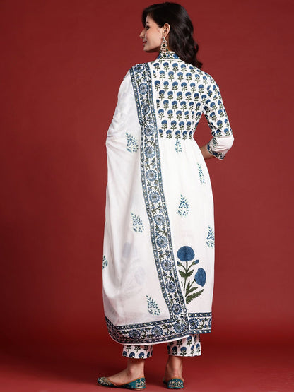 Dhiyona IE Floral Printed Empire Mirror Work Pure Cotton Kurta With Trousers & Dupatta