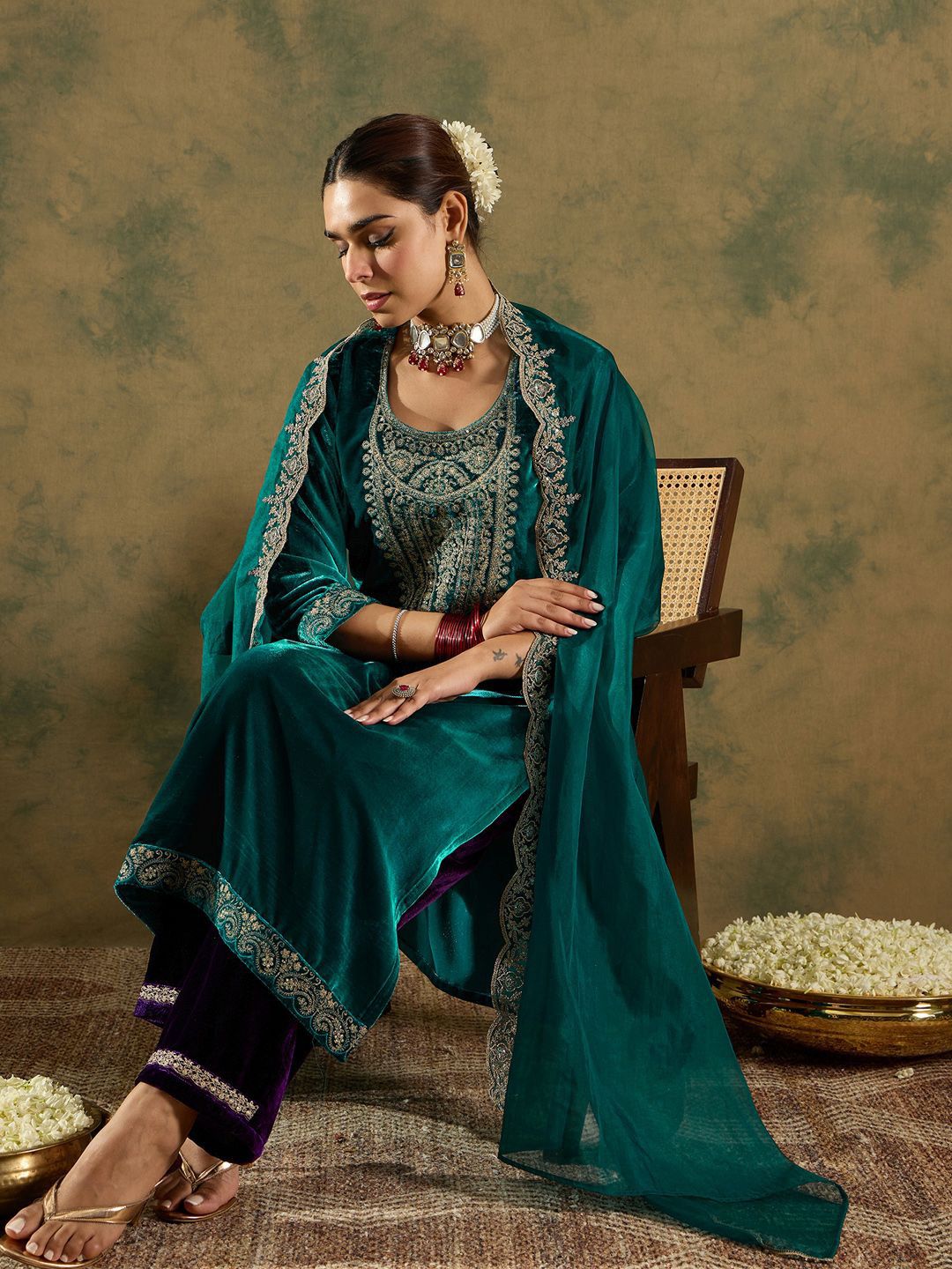 Dhiyona IE Ethnic Motifs Embroidered Regular Velvet Straight Kurta with Trousers & Dupatta