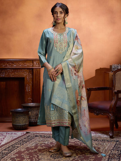 Dhiyona WP Women Embroidered Regular Thread Work Kurta with Trousers & With Dupatta